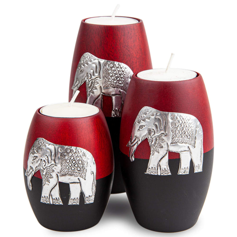 NewNest Australia - IYARA CRAFT 3 Wooden Candle Holders– Decorative Candle Holders with Inlaid Aluminium Antique Elephant – Intricate Details – Matte Wood Finish – Ideal for Modern & Rustic Settings (Rugby Shape) 