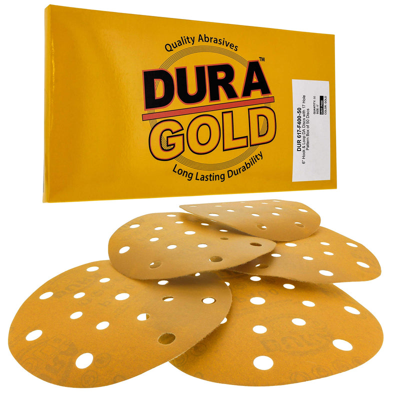 Dura-Gold Premium 6" Gold Sanding Discs - 400 Grit (Box of 50) - 17 Hole Pattern Dustless Hook & Loop Backing Sandpaper for DA Sanders, Aluminum Oxide Abrasive - Sand Automotive Paint Woodworking Wood 400-Grit - NewNest Australia