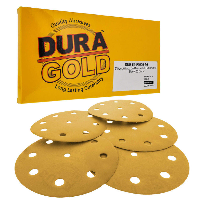 Dura-Gold Premium 5" Gold Sanding Discs - 1000 Grit (Box of 50) - 9 Hole Pattern Dustless Hook & Loop Backing Sandpaper for DA Sanders, Aluminum Oxide Abrasive - Sand Automotive Paint Woodworking Wood 1000-Grit - NewNest Australia