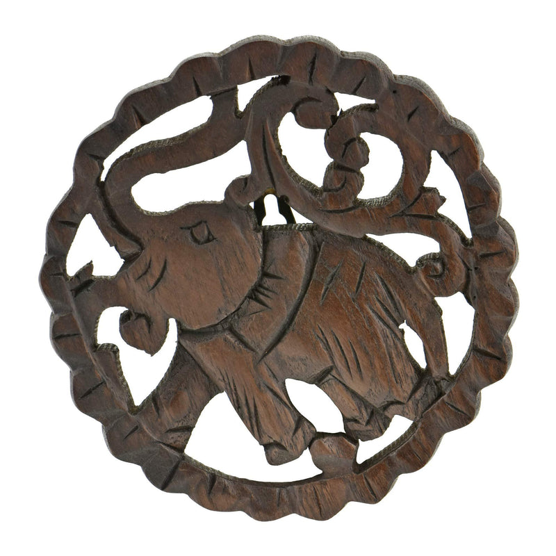 NewNest Australia - Powerful and Majestic Elephant Hand Carved 6-inch Round Teak Wood Wall Art 