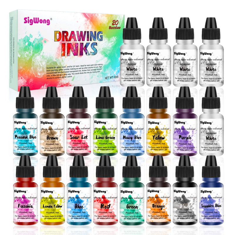 Alcohol Ink Set - 20 Bottles Vibrant Colors High Concentrated Alcohol-Based Ink, Concentrated Epoxy Resin Paint Colour Dye Great for Resin Petri Dish, Coaster, Painting, Tumbler Cup Making(10ml Each) 20 Bottles Alcohol Ink Set - NewNest Australia