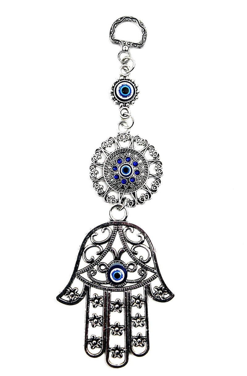 NewNest Australia - LUCKY EYE MAGIC - Lucky Blue Evil Eye Flower Pendant with Hamsa Hand Charm, a Sign of Strength and Protection Throughout History, Hanging Charm for Entry Door, car etc, Great Gift, Silver, 2.5” x 7.” 