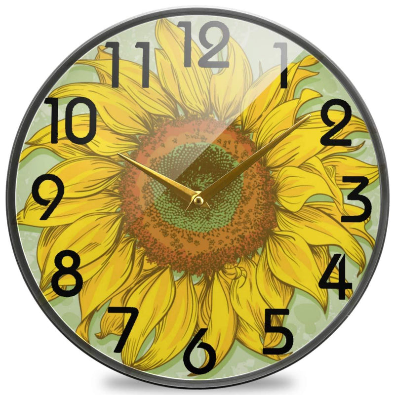NewNest Australia - Naanle Stylish Realistic Vintage Sunflower Drawing Round Wall Clock, 9.5 Inch Silent Battery Operated Quartz Analog Quiet Desk Clock for Home,Office,School 