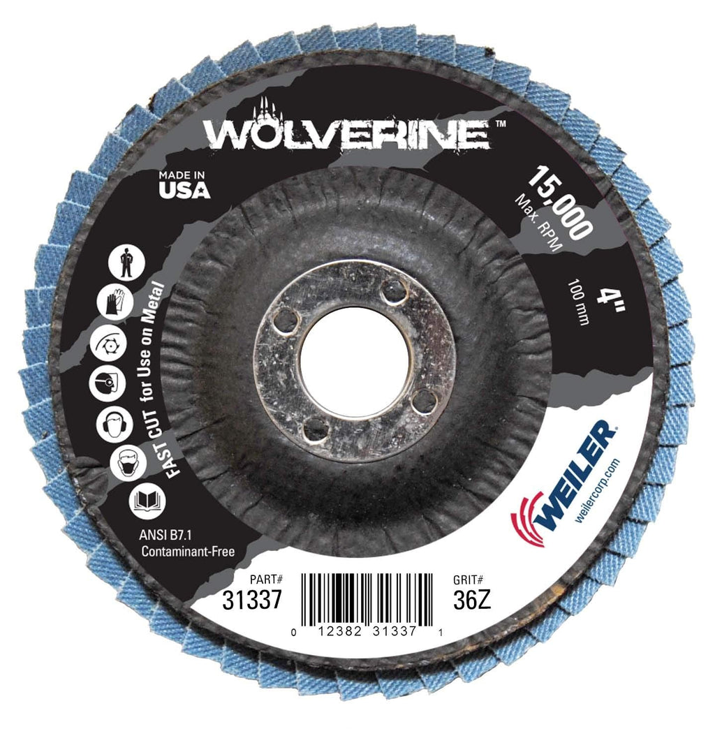 Weiler 31337 Wolverine 4-1/2" x 5/8" Arbor Hole Abrasive Flap Disc, 36 Grit Zirconia Alumina, Bevel Type 29, Phenolic Backing, Standard Density, Made in The USA, (Pack of 10) Type 29 5/8" Arbor - NewNest Australia