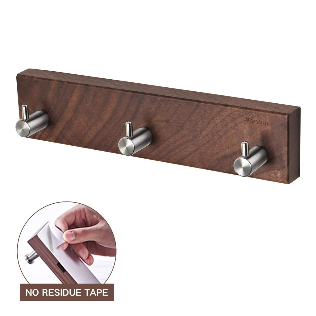 NewNest Australia - YOHOM Adhesive Coat Hooks Rack Wall Mounted Walnut Wood with 3 Hooks Rail Hat Clothes Hanger Towel Robe Hook Washcloth Key Holder Entryway Organizer for Door Bathroom Kitchen Hallway 