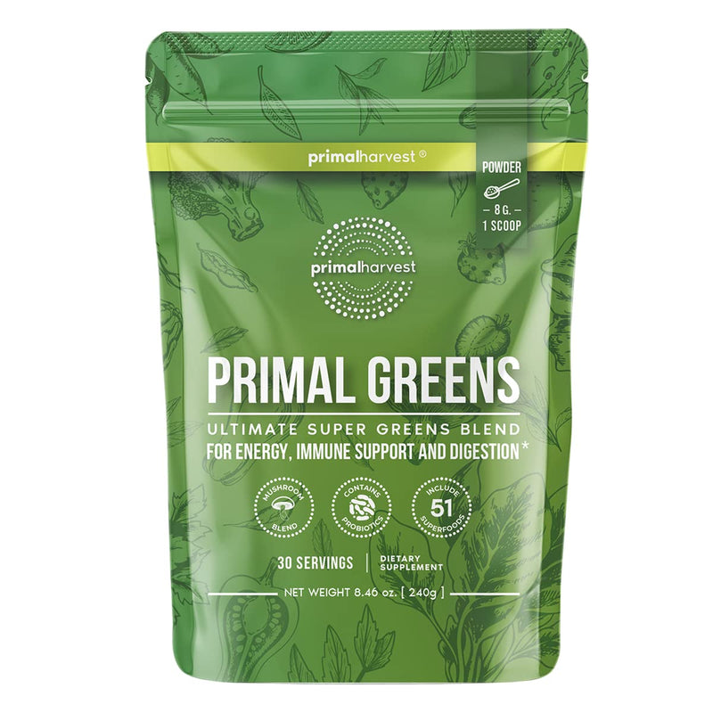 Super Greens Powder by Primal Harvest, 30 servings w/+50 Greens Superfood Chlorella, Probiotics, Green Tea, Wheatgrass, Kale, Turmeric, Green Superfood Powder for Energy - Primal Greens Green Powder - NewNest Australia