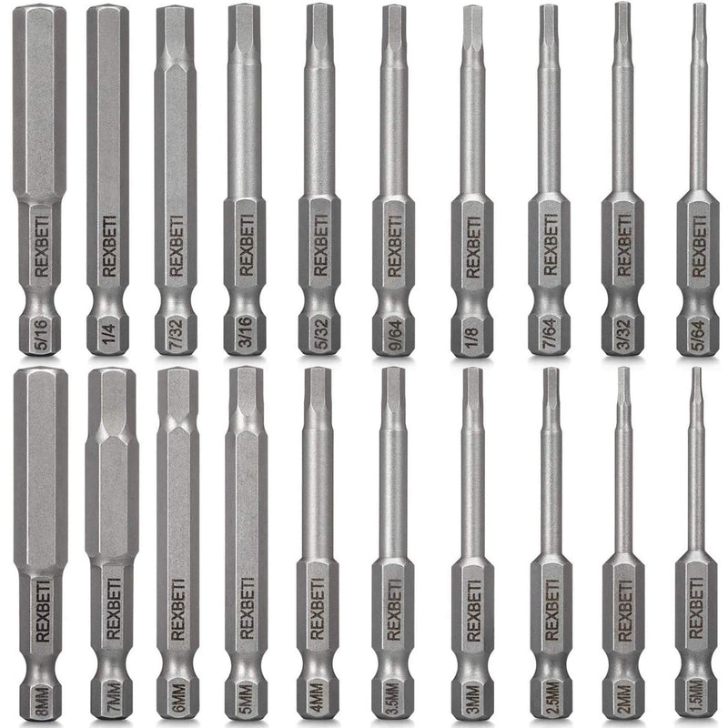 REXBETI 20 Piece Hex Head Allen Wrench Screwdriver Bit Set, SAE Metric 1/4 Inch Hex Shank S2 Steel Magnetic 2.3 Inch Long Drill Bits with Storage Box - NewNest Australia