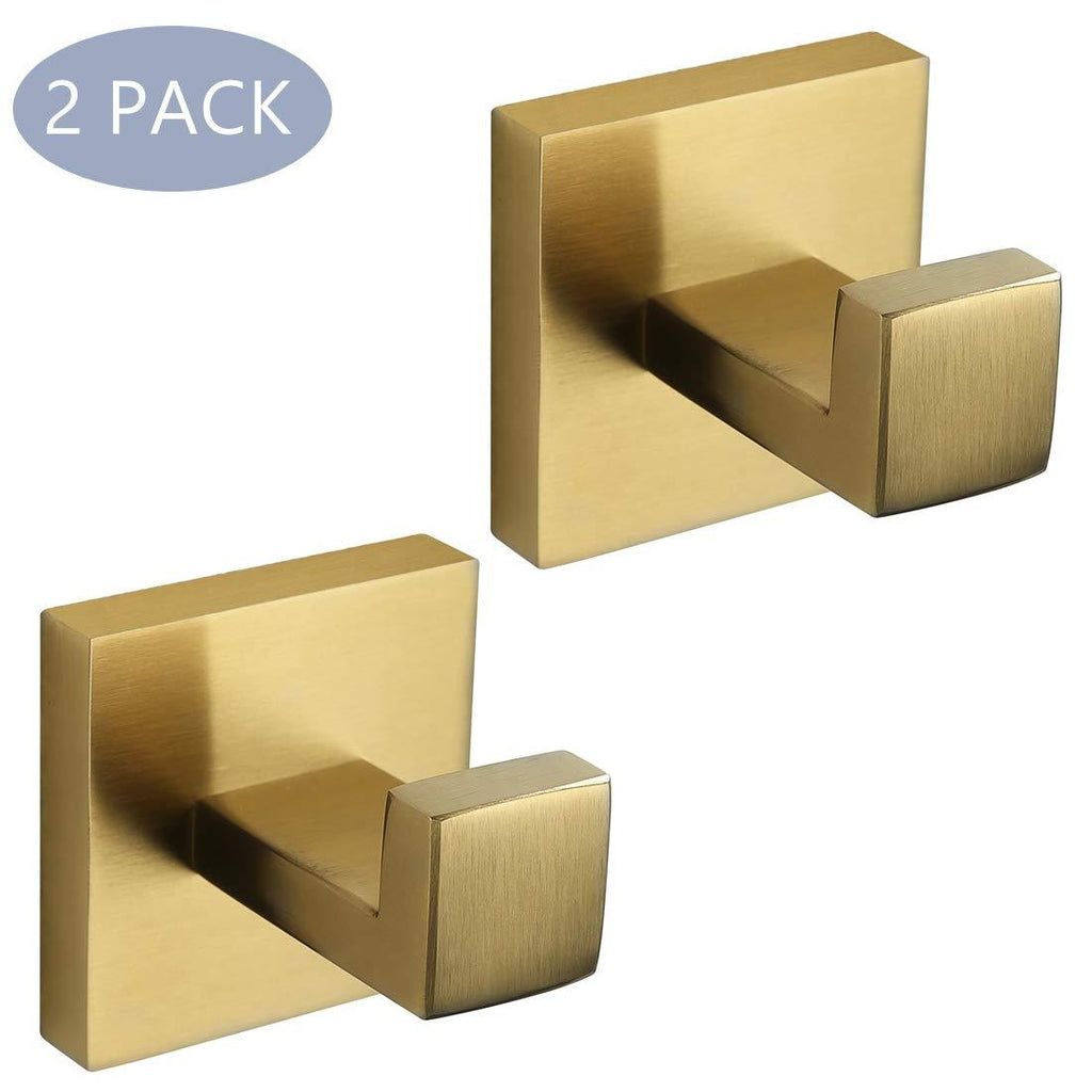 NewNest Australia - VELIMAX Premium Stainless Steel Towel Hook Square Robe Hook Coat Hook Heavy Duty Wall Mounted Luxury Hooks for Bathroom Hotel, Brushed Gold, 2-Pack 