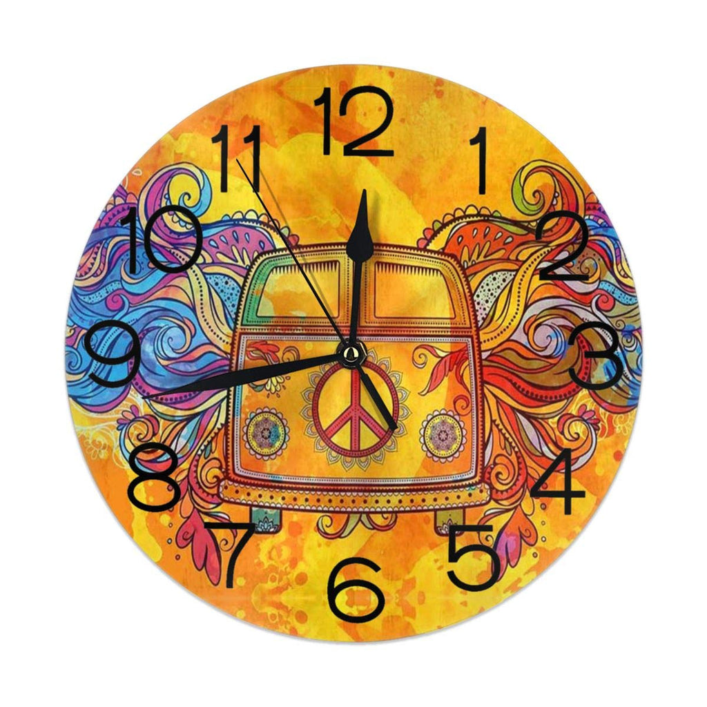 NewNest Australia - Home Decor Hippie Mini Van with Peace Round Wall Clock Acrylic Silent Non Ticking Decorative Clocks for Living Room Kitchen 