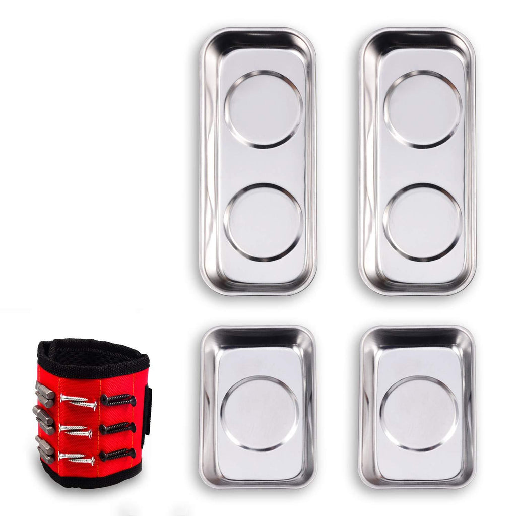 MESTUDIO Magnetic Tray Set, 4PC Magnetic Tool Trays (3.6" x 2.4" / 5.9" x 2.5" Square) And Red Magnetic Wristband with 15 Powerful Magnets, Best Gift for Men, Women, DIY Handyman, Woodworker, Father 4 magnetic tray with red wristband - NewNest Australia