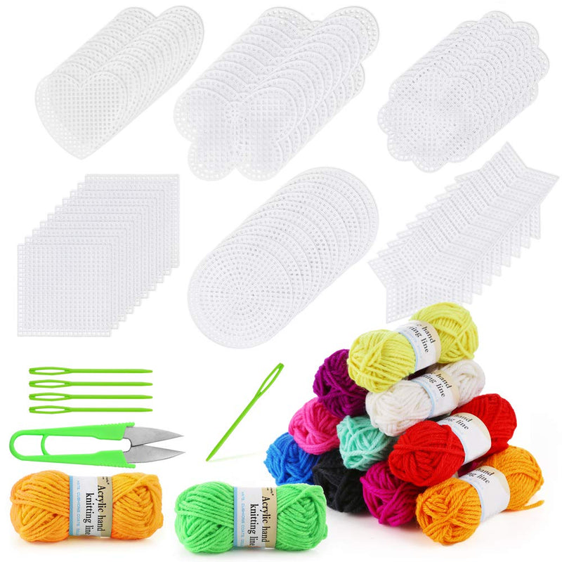 Pllieay 60 Pieces Mesh Plastic Canvas Kit Including 6 Shapes 3 Inch Clear Plastic Canvas, 12 Colors Acrylic Yarn and Tools for Embroidery Plastic Canvas Craft, Knit and Crochet Projects - NewNest Australia