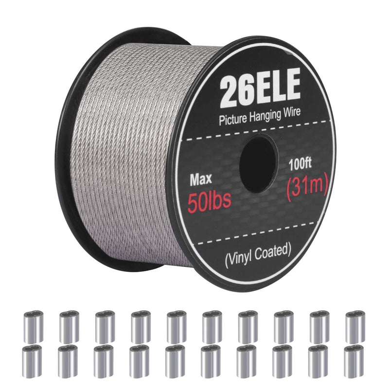 26ELE Picture Hanging Wire 50lb, Heavy Duty Stainless Steel Wire Rope for Hanging Picture Frame Mirror and Wall Art, Strong Metal Wire 100Feet with 20PCS Aluminum Crimping Sleeves - NewNest Australia