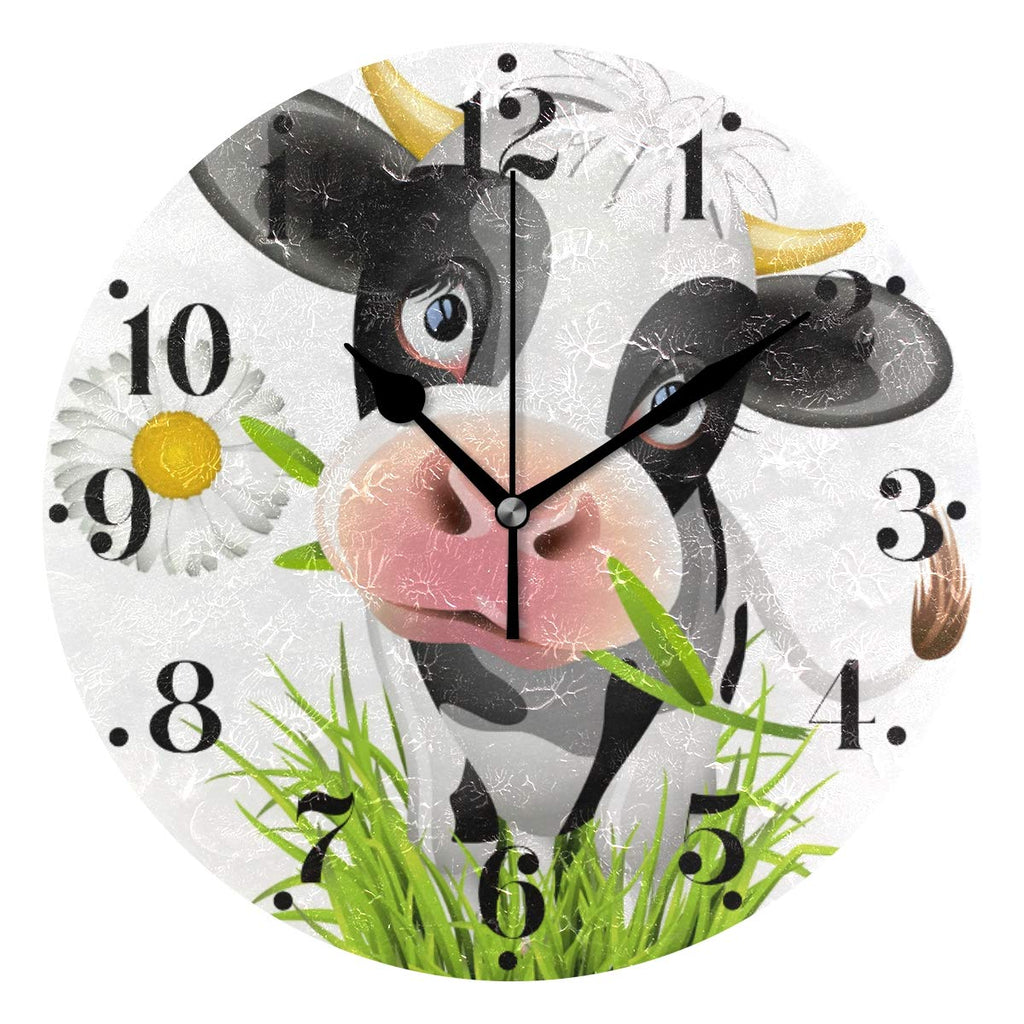 NewNest Australia - Hupery Cute Holstein Cow Wall Clock Silent Non Ticking Round Wall Hanging Clock Battery Operated Black Hands Decorative Wall Clocks for Bedroom Living Room Kitchen Office School Black25x25cm 