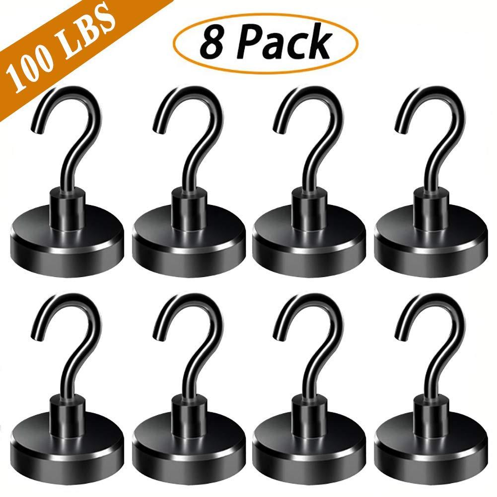 NewNest Australia - Youngneer Magnetic Hooks Heavy Duty 100 LB for Hanging BBQ Grill Utensils Tools Refrigerator Locker Strong Neodymium Rare Earth Magnets Hook Hangers for Fridge Coat Wreaths Cruise Cabins 8 Pack 100LBS 