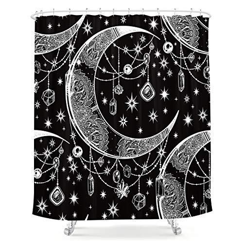 LIGHTINHOME Mandala Celestial Shower Curtain 60Wx72L Inch Boho Moon Star Black and White Fabric Waterproof Bathroom Home Decor 12 Plastic Hooks - NewNest Australia