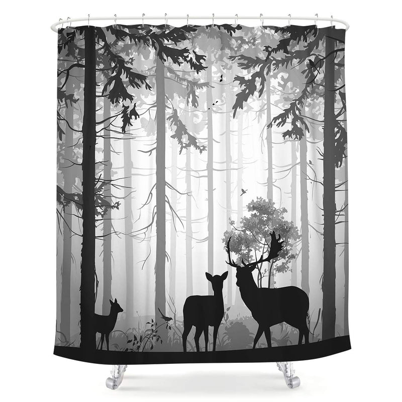 LIGHTINHOME Deer Elk Shower Curtain 60Wx72L Inch Country Moose Silhouette of Pine Forest Birds Black and White Fabric Waterproof Bathroom Home Decor 12 Plastic Hooks - NewNest Australia