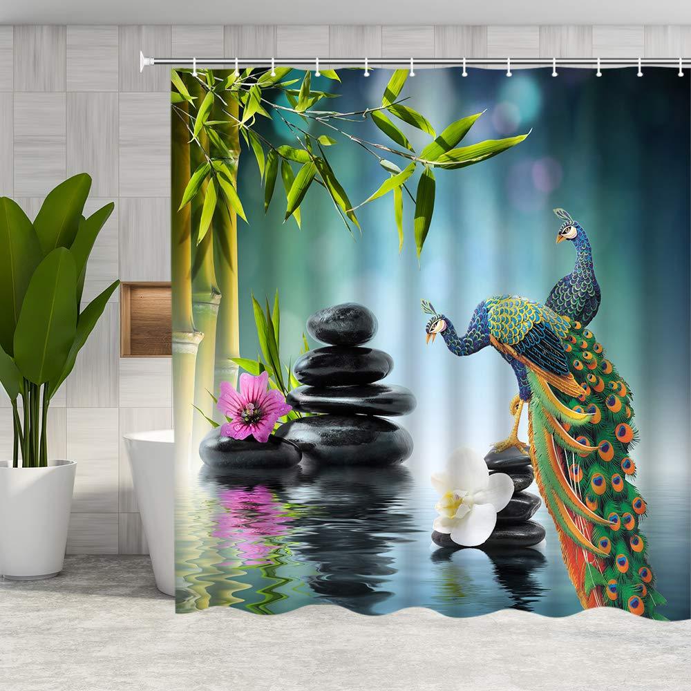 DMTTY Peacock Shower Curtain Zen Spa Green Bamboo Bathroom Curtain 72x72 Inches Fabric Bathroom Accessories Polyester with Hooks 72" X 72" Green Blue - NewNest Australia