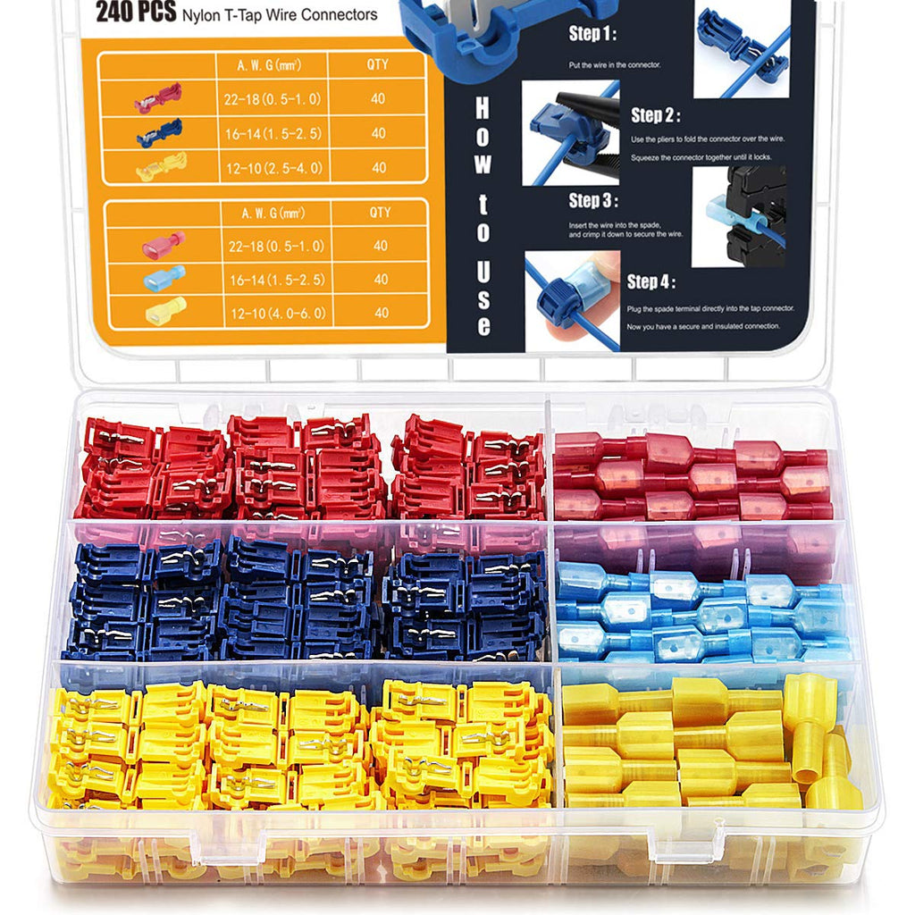 Qibaok 240 PCS T-Tap Wire Connectors Self-Stripping Quick Splice Electrical Terminals and Nylon Insulated Male Quick Disconnect Spade Terminals Kit 1 - NewNest Australia