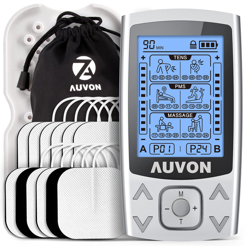 AUVON Dual Channel TENS EMS Unit 24 Modes Muscle Stimulator for Pain Relief, Rechargeable TENS Machine Massager with 12 Pads, ABS Pads Holder, USB Charger and Dust-Proof Storage Bag - NewNest Australia