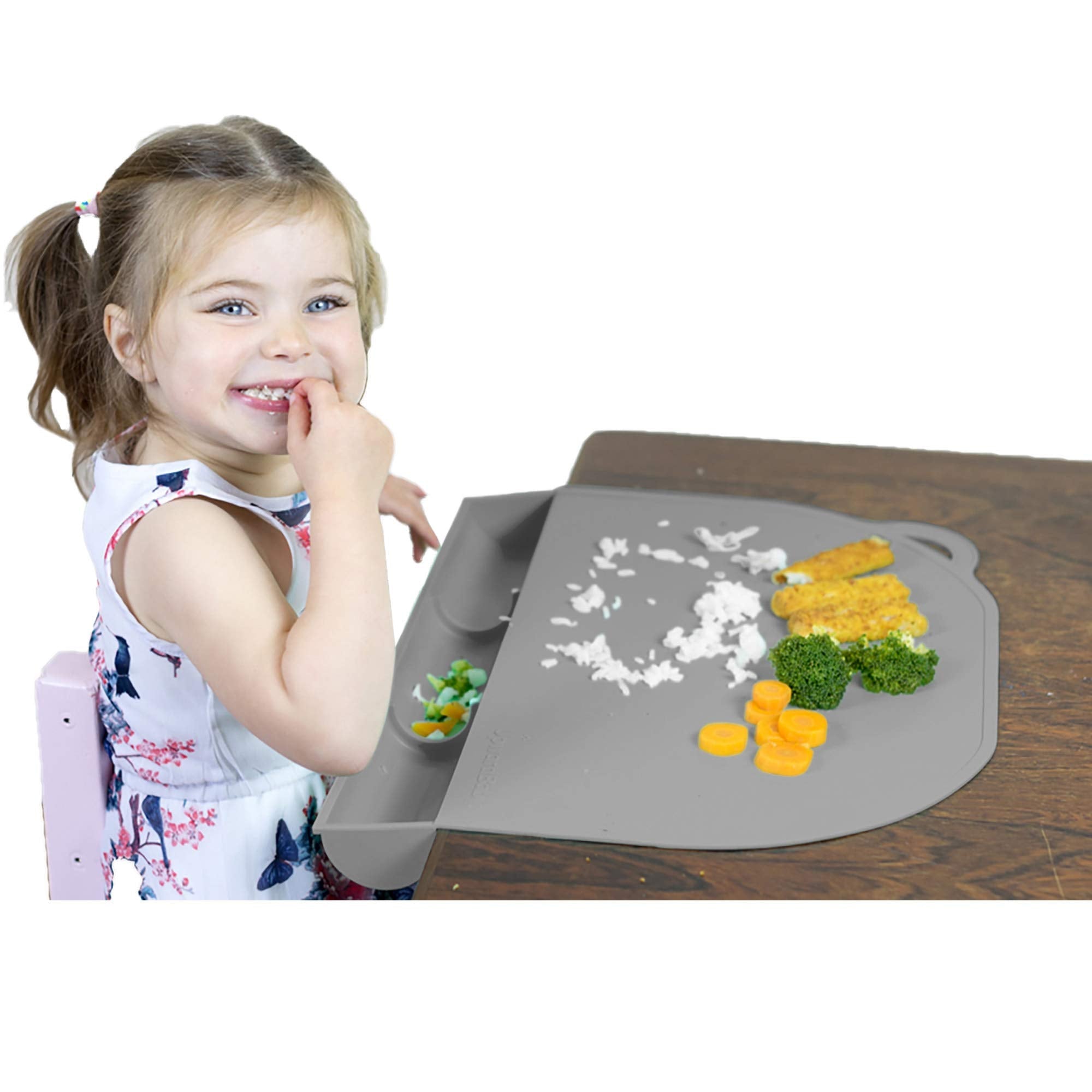 Food Catching Baby Placemat with Suction - UpwardBaby Gray Silicone Placemats for Kids Babies and Toddlers - Clean Mealtimes at Home or for