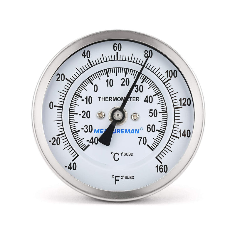 Measureman Fully Stainless Steel Pot, Kettle, Brewing Bimetal Dial Thermometer, 3" Dial, 2-1/2" Stem, -40-160 deg F/-40-70 deg C, +/-1% Accuracy, Adjustable, 1/2" NPT Back Mount -40-160 ℉/ ℃ 2.5" Stem - NewNest Australia