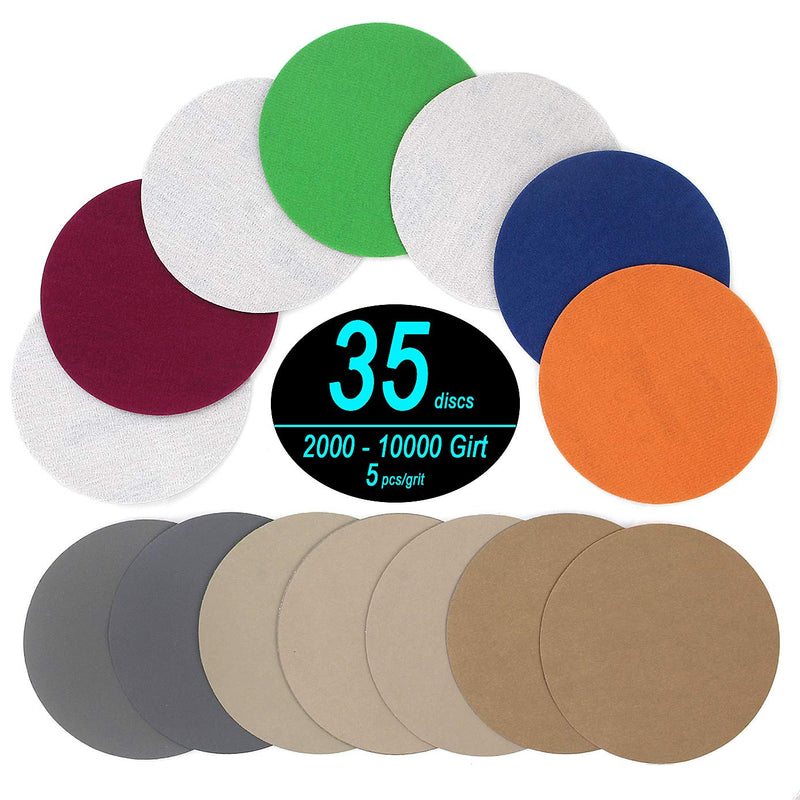 ADVcer 5 inch 35pcs Sanding Discs, Hook and Loop 2000-10000 Grit 7 Assortment Sandpaper, No Hole Wet and Dry Round Sand Paper Pad Assorted Set for Polishing Finishing Sander (#2k/2.5k/3k/4k/5k/7k/10k) 03. D5" 35pcs (2000 to 10000) - NewNest Australia