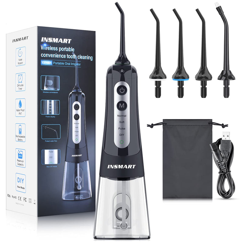 Cordless Water Dental Flosser Teeth Cleaner, INSMART Professional 300ML Tank DIY Mode USB Rechargeable Dental Oral Irrigator for Home and Travel, IPX7 Waterproof 4 Modes Irrigate for Oral Care Black - NewNest Australia