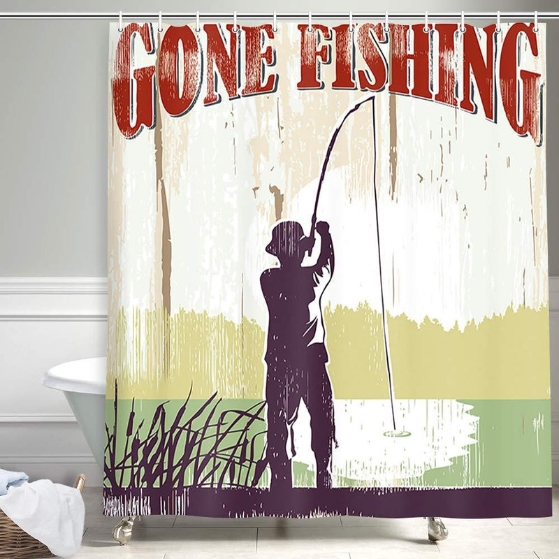 NYMB Nautical Vintage Gone Fishing Shower Curtain, Camping Man Fishing at Lakeside Lodge on Retro Wooden Fabric Shower Curtains, Polyester Bathroom Accessories Bath Curtain 12PCS Hooks, 69X70in - NewNest Australia