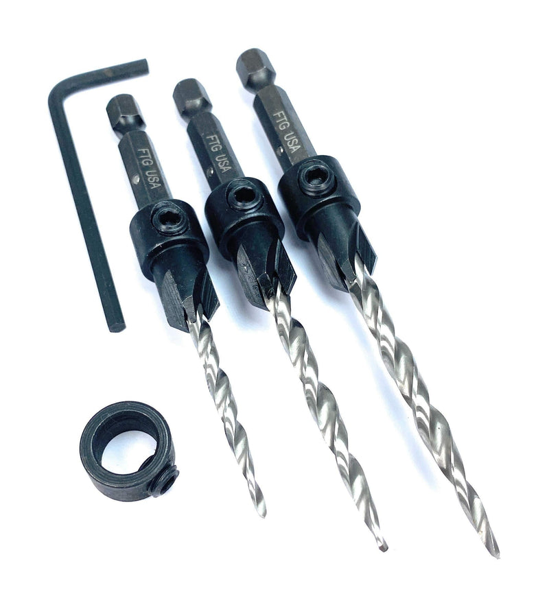 FTG USA Maximum Torque #6(9/64") #8(11/64") #10(3/16") Depth Adjustable Wood Countersink Drill Bit Set with Woodworking Tapered HSS Bits Secured with Pin - 1 Depth Stop Collar 3/8", and 1 Hex Wrench (1/8" Allen Key) - NewNest Australia