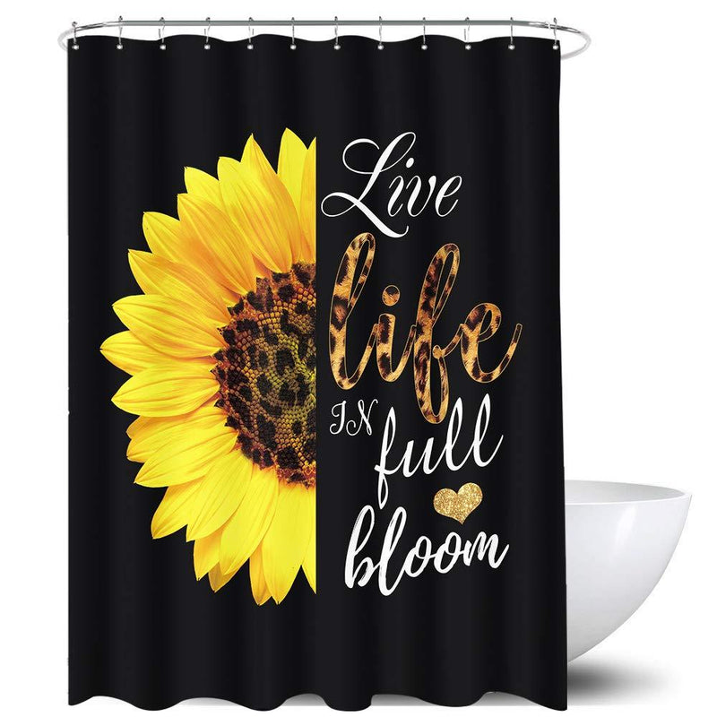 Homewelle Sunflower Shower Curtain Leopard Motivational Quotes Black Yellow Live Life in Full Bloom Floral Inspirational Print 60x72inch 12 Pack Plastic Hooks Polyester Fabric Bathroom Bathtub 60Wx72L - NewNest Australia