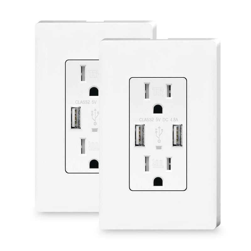 TOPELER 2Pack USB Wall Outlet, 4.8A High Speed USB Ports with Smart Chip, 15A Tamper Resistant Electrical Receptacle Socket, Screwless Wall Plate Included, UL & FCC Approved White - NewNest Australia