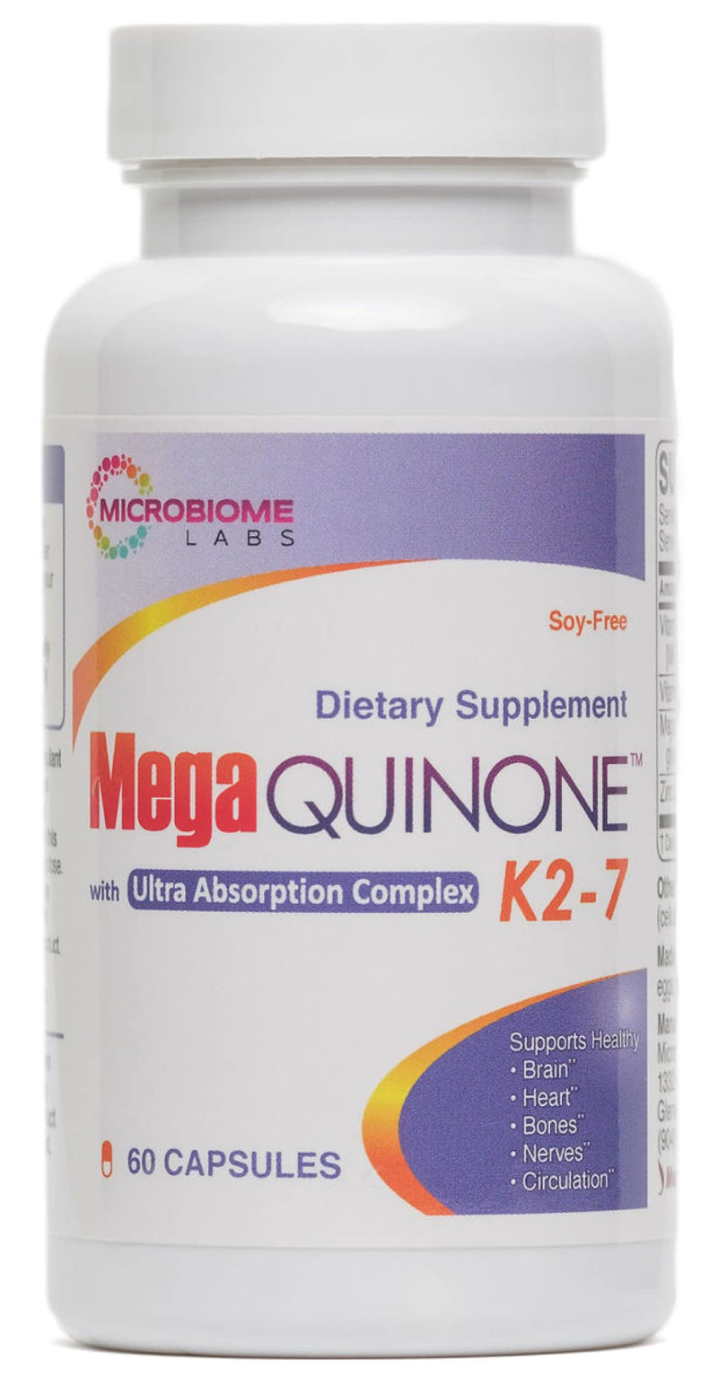 Microbiome Labs MegaQuinone Complete Vitamin K Supplement - High-Dose, 100% Soy-Free Vitamin K1 & K2 MK-7 - Natural VIT K2 with Magnesium & Zinc to Improve Absorption (60 Capsules) - NewNest Australia