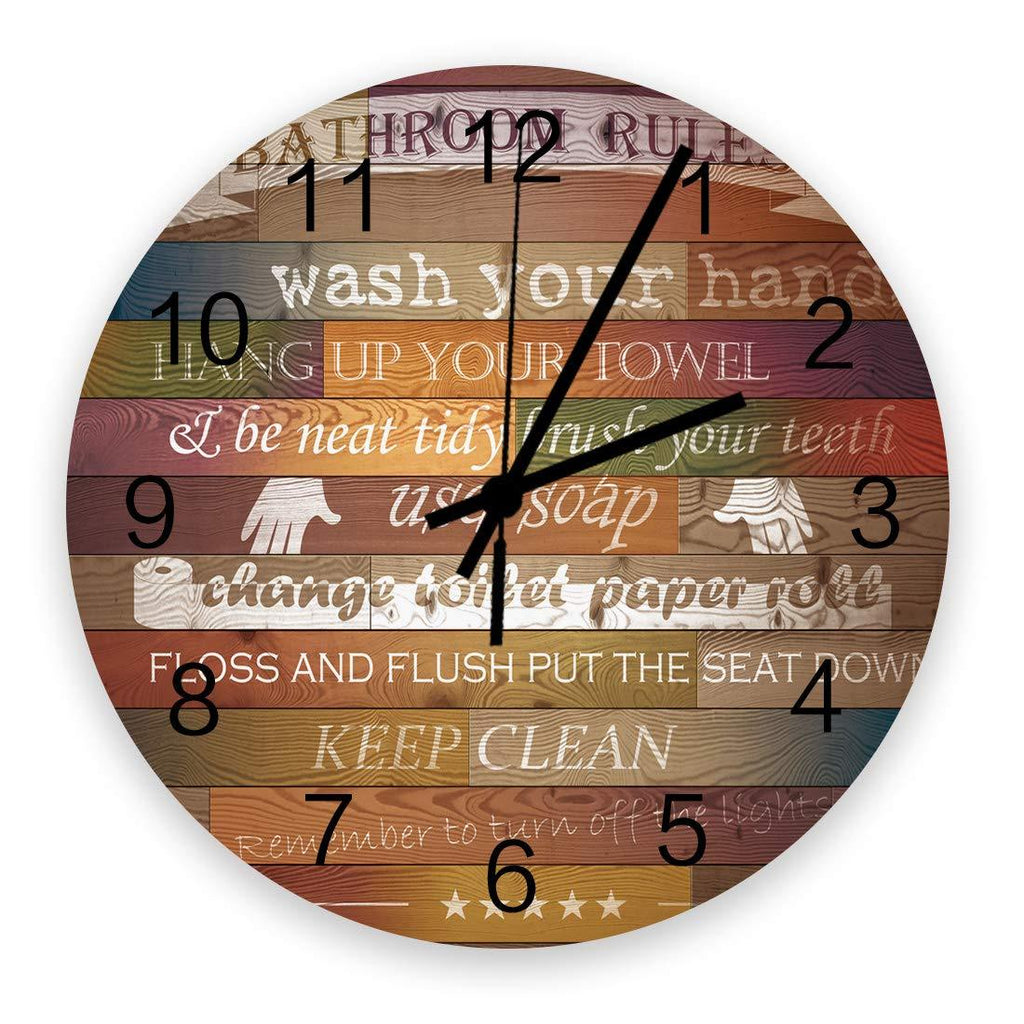 NewNest Australia - SIMIGREE Retro 12 Inch Waterproof Wall Clock, Silent Non-Ticking Battery Operated for Home Classroom Conference Room Wall Decorative Clock - Bathroom Rules Fun Decor Retro Colorful Wooden 