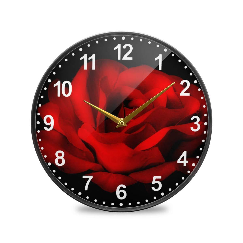 NewNest Australia - ALAZA Red Rose Flower Black Wall Clock Battery Operated Silent Non Ticking Clocks for Living Room Decor 12 Inch / 9.5 Inch 9.5x9.5in 