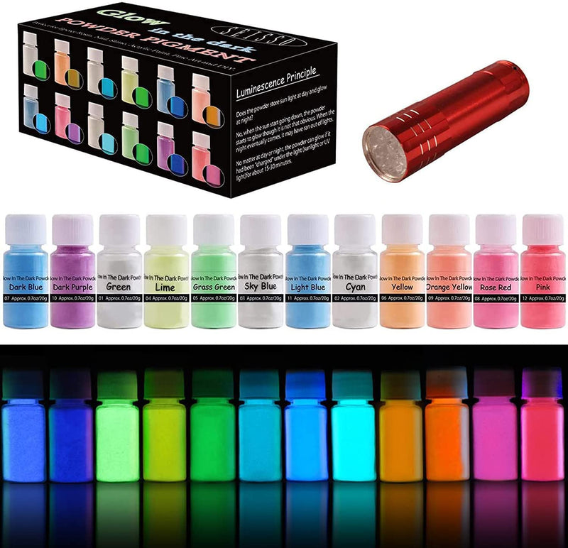 Glow in the Dark Pigment Powder 12 Color Epoxy Resin Pigment Luminous Powder Safe Long Lasting for Nail Art, Colorant Slime, Acrylic Paint, Fine Art and DIY Crafts, 0.7oz 12 Colors - NewNest Australia