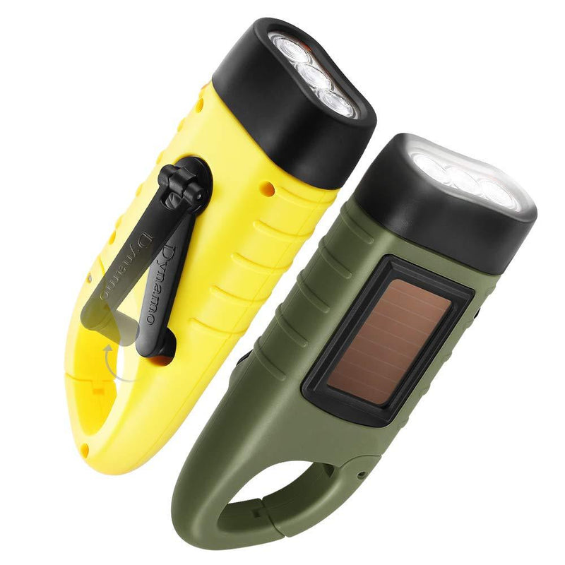 GeeRic 2-Pack Hand Crank Solar Powered Flashlight, Emergency Rechargeable LED Flashlight, Survival Flashlight, Quick Snap Carabiner Dynamo Flashlight Torch for Outdoor Sports, Army Green+Yellow Yellow - NewNest Australia