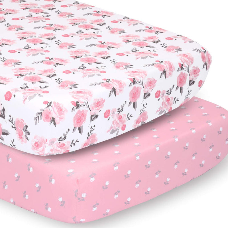 The Peanutshell Crib Sheet Set for Baby Girls | Pink Roses & Ditsy Floral | 2 Pack Set - NewNest Australia