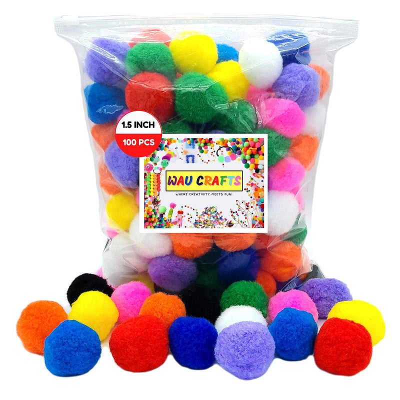 WAU Craft Pom Pom Balls - 100pcs 1.5 inch Multicolored Large Pompoms for Crafts Art DIY Project in Reusable Zipper Bag - NewNest Australia