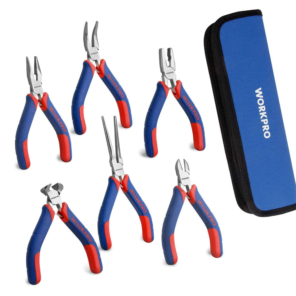 WORKPRO 6-piece Mini Pliers Set - Needle Nose, Diagonal, Long Nose, Bent Nose, End Cutting and Linesman, for Making Crafts, Repairing Electronic Devices, with Pouch - NewNest Australia