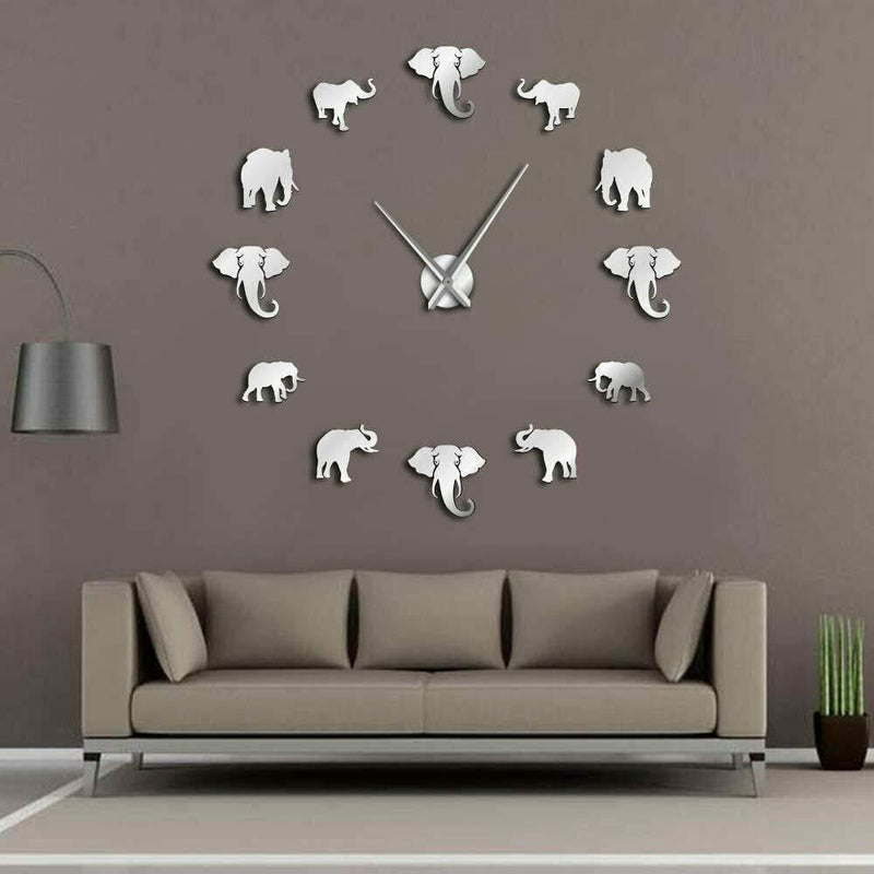 NewNest Australia - King Live Large DIY Elephant Wall Clock Mirror Effect Wall Clock 47 Inch Giant Frameless Elephant Clock 3D Wall Watch Home Decor Modern Design Hanging Wall Art (Silver) Silver 