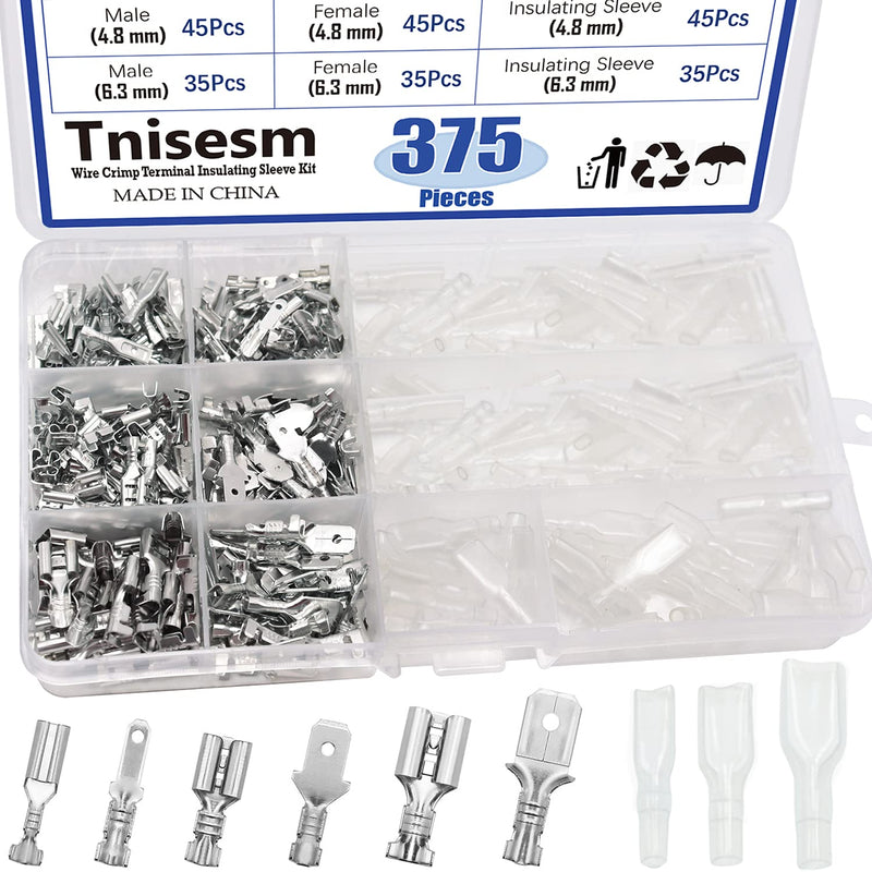 Tnisesm/375Pcs Quick Splice 2.8/4.8/6.3mm Male and Female Wire Spade Connector Wire Crimp Terminal Block with Insulating Sleeve Assortment Kit for Car Audio Speaker Electrical Wiring TN-T02 - NewNest Australia