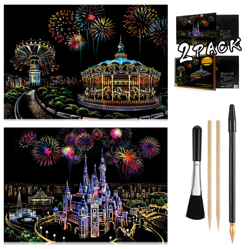 Scratch Painting Kits for Adults & Kids, Craft Art Set, Rainbow Scratch Art Painting Paper, Sketch DIY Night View Scratchboard, 16'' x 11.2'' Creative Gift with 3 Tools kit (Castle / Amusement Park) Castle / Amusement Park - NewNest Australia