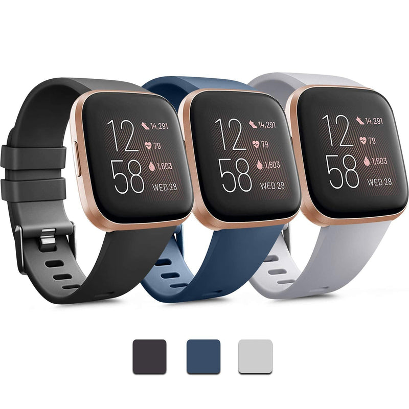 PACK 3 Soft Silicone Bands for Fitbit Versa 2 / Fitbit Versa / Fitbit Versa Lite Classic Adjustable Sport Bands for Women Men Small Large(Without Tracker) (Large, Black+Blue+Grey) - NewNest Australia