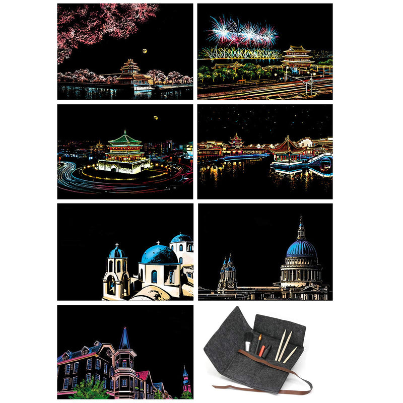 Scratch & Sketch Art Paper(A4) for Kids & Adults, Rainbow Painting Night View Scratchboard, Engraving Art Craft Set: 8 Sheets Scratch Cards & Scratch Drawing Pen, Clean Brush (Religious Building) Religious Building - NewNest Australia