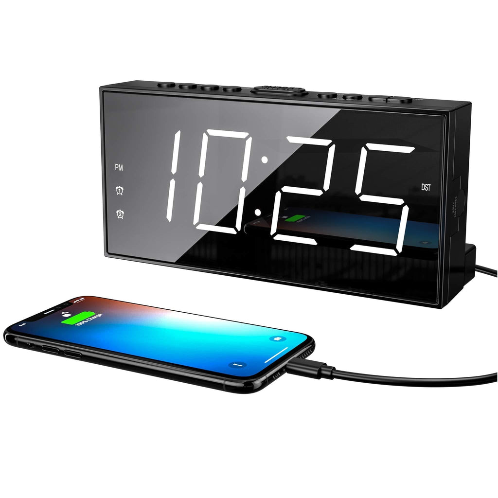 NewNest Australia - Loud LED Digital Alarm Clocks for Bedrooms Bedside with Snooze Digital Clock for Heavy Sleepers Dual Clock with USB Charger, Large White Digit Display, Big Easy Full Range Brightness Dimmer 