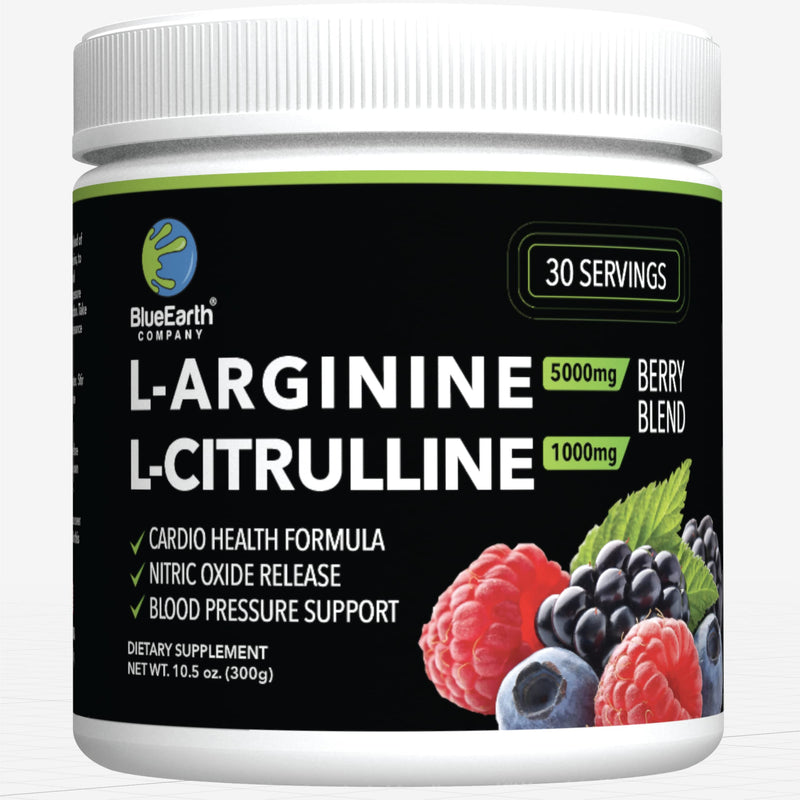L-Arginine 5000mg + L-Citrulline 1000mg Complex Powder Supplement - Nitric Oxide Booster - Blood Pressure Support - Berry Flavored - 300g - BlueEarth Company - NewNest Australia