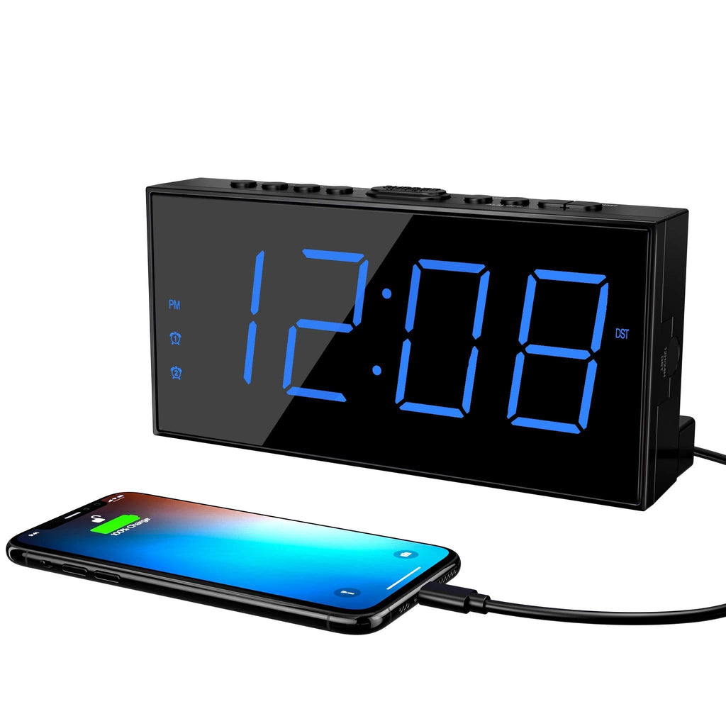 NewNest Australia - ROCAM Digital Alarm Clock, 7'' Large LED Screen, 5 Brightness, Dual Alarm, Easy Digital Clock for Kids, Senior and Heavy Sleeper, Loud Alarm Clock for Bedroom Kitchen Office, Snooze, 12/24H Blue 