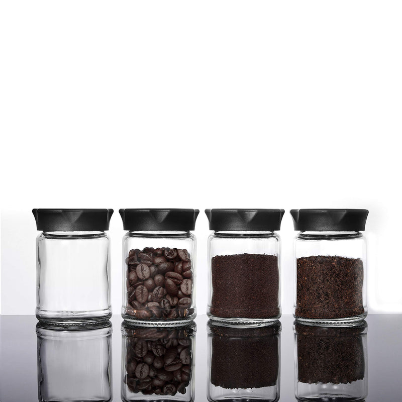 NewNest Australia - Mini Glass Jars with Black Lids 4 pcs Food Storage Jar Kitchen Canister Small Coffee Tea Spice Storage Jar Set(4 Ounce) (for Vkchef/VEVOK CHEF Manual Coffee Grinder Use) 