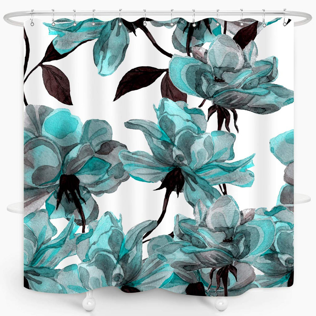 ZXMBF Floral Shower Curtain Turquoise Flowers Watercolor Blue Roses with Black Leaf Colorful Abstract Home Décor Style Waterproof Fabric 72x72 Inch Plastic Hooks 12PCS Green Blue - NewNest Australia