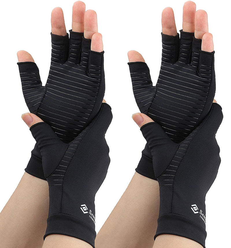 2 Pairs Compression Gloves for Women and Men – Copper Arthritis Gloves for Rheumatoid Arthritis Osteoarthritis Carpal Tunnel – Hand Pain Relief and Support – Open Finger Black Small (2 Pair) - NewNest Australia